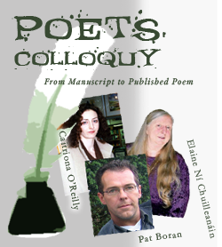Poet's Colloquy - Pat Boran (Dedalus Press), Elaine N� Chuillean�in (Cyphers Magazine) and Caitriona O Reilly (Poetry Ireland Review)